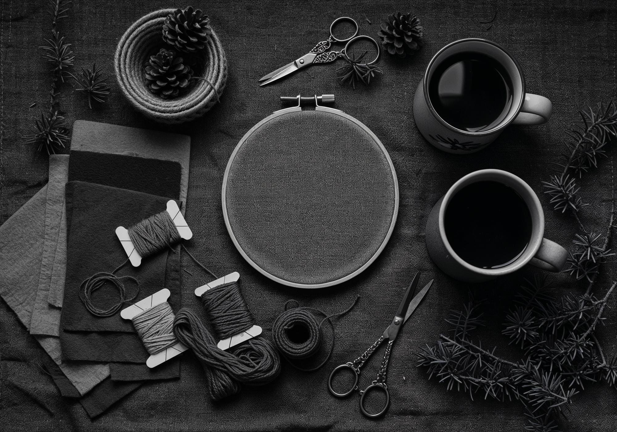 studio view with embroidery machine and threads